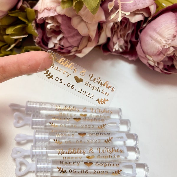 24PCS Wedding Soap Bubble Tube Labels, Custom Wedding Favor, Personalised Wedding Sticker, Bubble Wand Label, Gold Foil Sticker, Labels ONLY