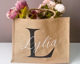 Personalized Jute Tote Bag: Custom Initial Beach Bag
