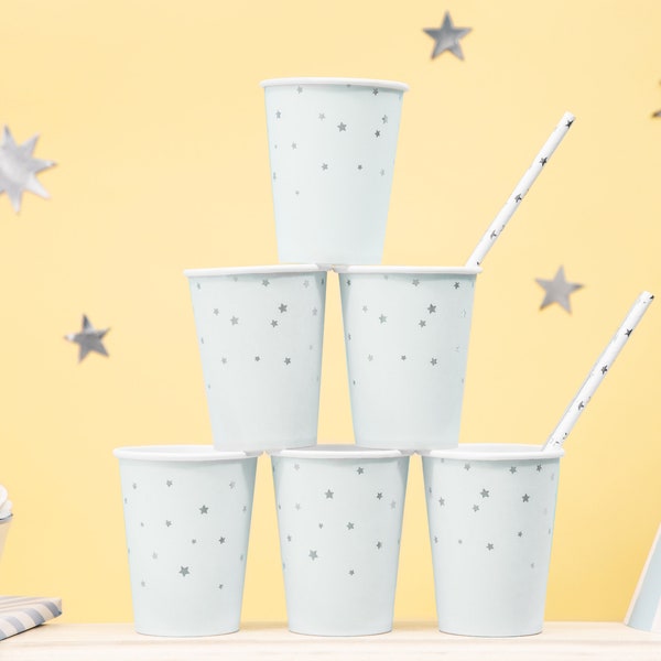 6 Silver Star Cups, Boy Birthday Party Decor, Baby Shower Tableware, Light Blue Cups, Baby Shower Decor, Party Tableware