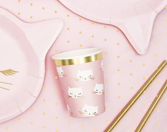Vasos de papel con diseño de gato rosa y borde dorado: Decoración para fiesta de gatitos (juego de 6)