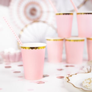 6 Pink Paper Cups with Gold Foil, Birthday Party Decor, Baby Shower Tableware, Pastel Pink Cups, Princess Party Decor, Engagement Party