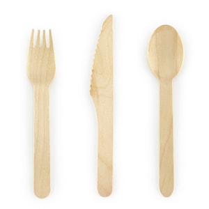 May include: A set of three wooden utensils, including a fork, knife, and spoon. The utensils are made of natural wood and have a light brown color.