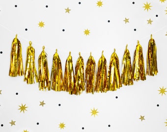 12 Gold Tassel Garland, New Year's Eve Decor, Golden Tissue Paper Tassel Garland, Gold Foil Tassels, DIY Kit, Birthday Party Decor