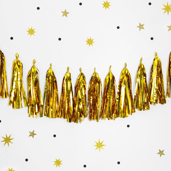 12 Gold Tassel Garland, New Year's Eve Decor, Golden Tissue Paper Tassel Garland, Gold Foil Tassels, DIY Kit, Birthday Party Decor