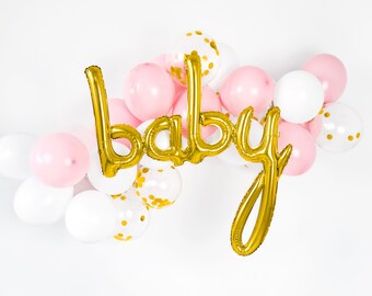 Gold 'Baby' Script Foil Balloons: Baby Shower Decor
