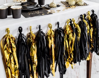12 Gold and Black Tassel Garland, New Year Eve Decor, Golden Tissue Paper Tassel Garland, Gold Foil Tassels, DIY Kit, Graduation Party Decor