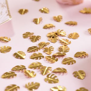 Coriandoli in foglia tropicale d'oro, Decorazioni per feste tropicali, Festa dei dinosauri, Decorazioni per feste nella giungla, Festa di compleanno, Festa di compleanno estiva