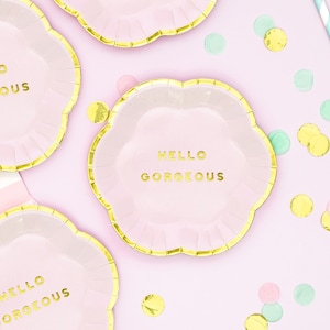 6 Light Pink Paper Plates, Engagement Decor, Baby Shower Tableware, Princess Party Plates, Engagement Party, Birthday Party Gold Plates
