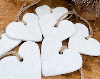 Clay Heart Ornaments: Minimalist Wedding Favors, Christmas Tags