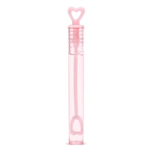 Può includere: Una bacchetta per bolle di sapone in plastica rosa con un manico a forma di cuore e una bacchetta per bolle di sapone a forma di cuore. La bacchetta è riempita di soluzione per bolle di sapone rosa.