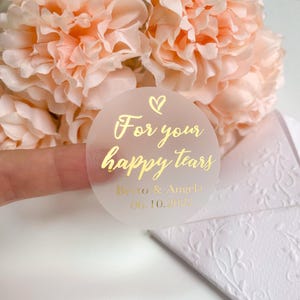 Adesivi Happy Tears, adesivi per matrimonio in oro, etichette personalizzate in lamina per matrimonio, etichette per scatole di fazzoletti, adesivi trasparenti, adesivi per bomboniere per addio al nubilato