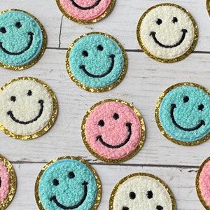 Smiley Face Chenille Patch, Pink, Blue, White, Emoji, Towel, VSCO Style, Gold Glitter Patch, Applique, Iron-On, Sweater Patch, Jacket Patch