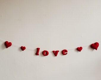Heart Garland Valentines Decor Hearts and love wool blend felt sign Garland Heart Garland Wall Decor