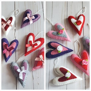 Felt heart with bow, Felt heart with rose, Hand sewn and decorated,  Hanging ornament, Valentine&#39;s day decor, Valentine&#39;s day gift