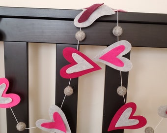 Heart Garland Valentines Decor Hearts And Wool Felt Ball PomPom Garland Heart Garland Nursery Garland Wall Decor