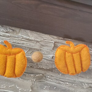 May include: A garland featuring orange felt pumpkins and small felt balls in olive green, tan, and muted red, all strung together on a thin white cord. The pumpkins have visible stitched detailing and a soft, textured appearance throughout the piece.