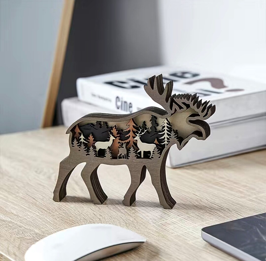Wooden Forest Animal Figurines Deer Wolf Statues Home Decor Etsy