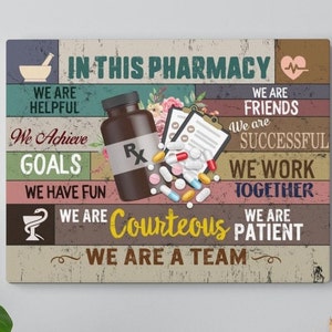 In this Pharmacy decor Pharmacist Equipment Poster Portrait Canvas Print for pharmacist Pharmacy Tech Teamwork Gift Clinic Wall Art