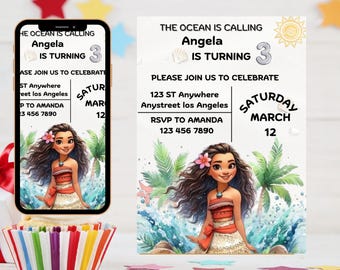 Baby Moana Birthday Invitation, Hawaiian Moana Birthday Invite, Kids Theme Party Invitation, Charming Moana Party Invite, Canva Editable