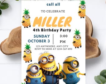 Minion Birthday Invitation, Minimalist Kids Birthday Invitation, Minion Themed, Editable Minion Invitation, Girls Birthday, Boys Invitation