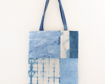 Patchwork effect tote bag, hand-dyed fabric, organic indigo, handmade bag, Zen gift idea, Tie dye, recycled denim handles, worn on the shoulder