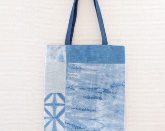 Patchwork effect tote bag, hand-dyed fabric, organic indigo, handmade bag, Zen gift idea, Tie dye, recycled denim handles, worn on the shoulder