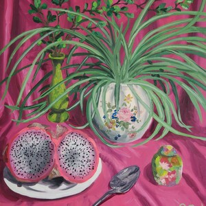 DRAGONFRUIT & SPIDER PLANT oil painting still life original artwork