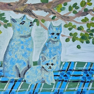 Blue cats, plaid, and tree branch still life original acrylic painting
