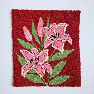 Hand-Hooked Rug | Stargazer Lily Wall Art | Wool Hooked Rug | Botanical Textile Art | Floral Home Decor