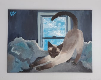 Stretching siamese cat original acrylic painting