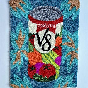 Hand-Hooked Rug | V8 Can Wall Art | Wool Hooked Rug | Retro-Inspired Textile Art | Vintage Home Decor