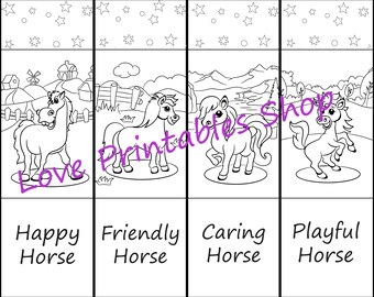 Printable Bookmarks for Coloring - Happy Horses -- kids, parties, family fun, book lover, digital DIY, children's gift