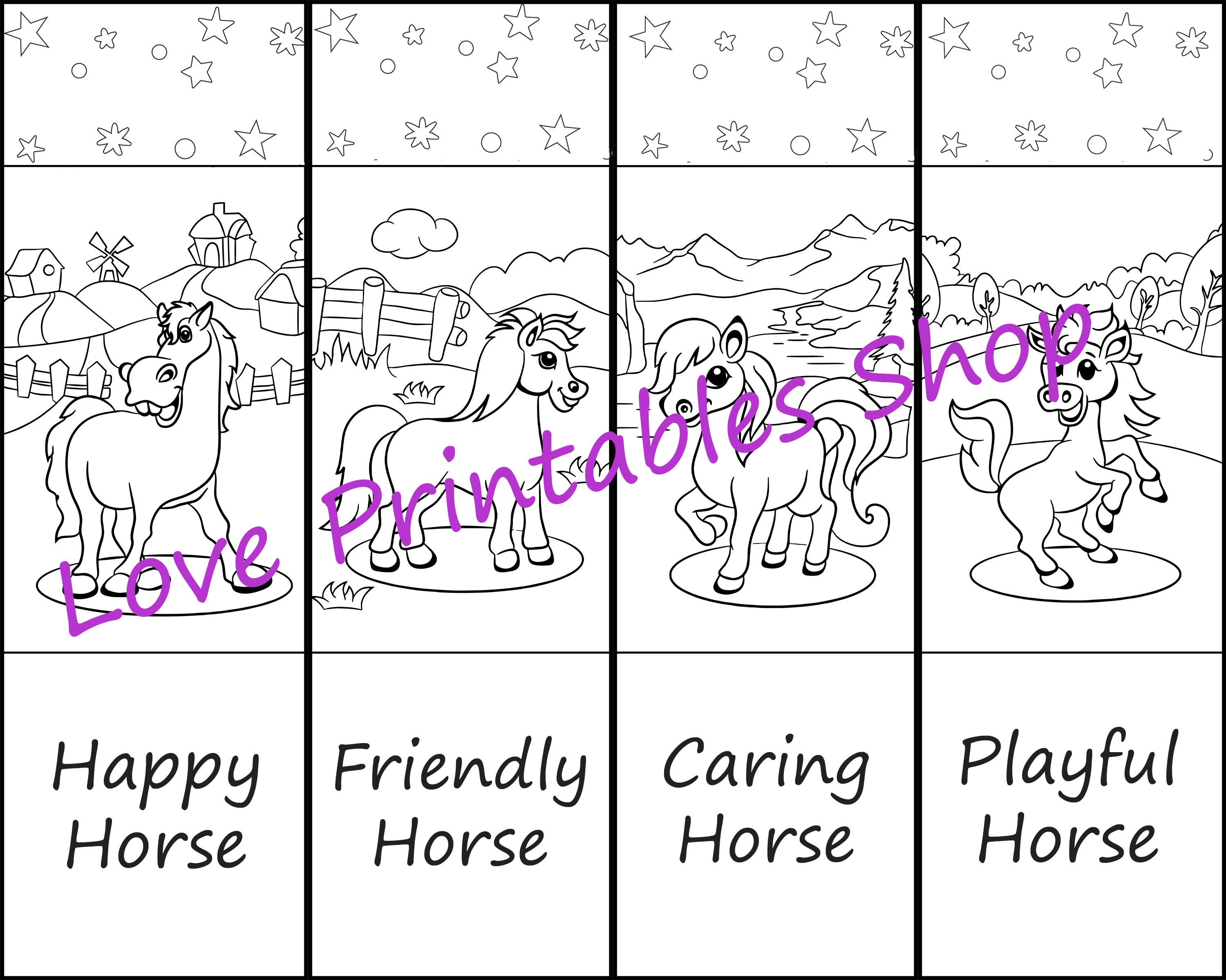 printable bookmarks for coloring happy horses kids etsy