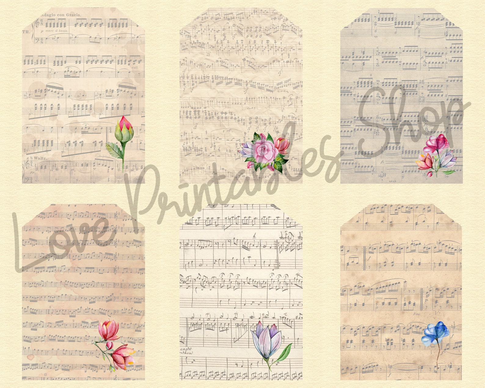 Printable Gift Tags Antique Vintage Music With Flowers - Etsy