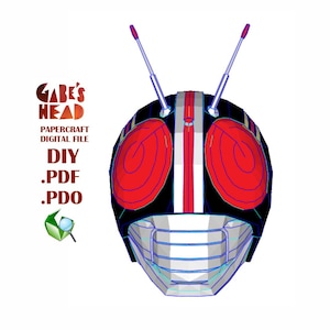 May include: A papercraft model of a black and red helmet with a white stripe and a silver faceplate. The helmet has two antennas on top. The text "Gabe's Head" is in the upper left corner of the image. The text "Papercraft Digital File" is below the logo. The text "DIY .PDF .PDO" is below the text "Papercraft Digital File".