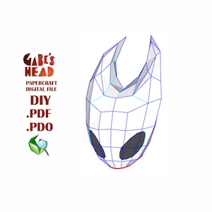Pode incluir: Um arquivo digital de papercraft de uma máscara, com um design geométrico de estrutura de arame em azul e cinza. A máscara tem duas grandes aberturas para os olhos e um topo pontiagudo. O texto à esquerda diz "Gabe's Head" e "Papercraft Digital File DIY .PDF .PDO".