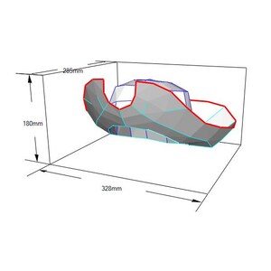 May include: A 3D model of a boat-shaped object, rendered in gray with red and blue outlines. The model is 285mm wide, 180mm high, and 328mm long. The object is displayed in a 3D perspective against a white background.