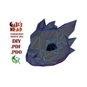 Könnte beinhalten: Ein geometrischer Drachenkopf in Grautönen, umrandet von blauen und türkisfarbenen Linien. Das Bild enthält den Text "Gabe's Head Papercraft Digital File DIY .PDF .PDO."