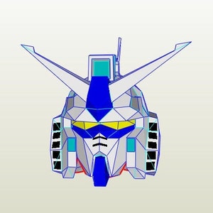 Puede incluir: Un modelo de papel de cabeza de robot blanco, azul y amarillo. El modelo est&aacute; hecho de papel doblado y tiene un dise&ntilde;o detallado.