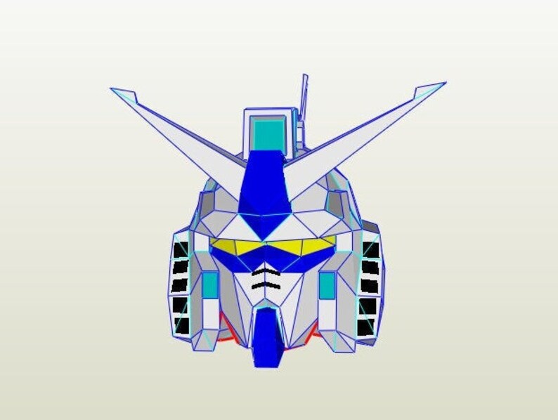 Puede incluir: Un modelo de papel de cabeza de robot blanco, azul y amarillo. El modelo est&aacute; hecho de papel doblado y tiene un dise&ntilde;o detallado.