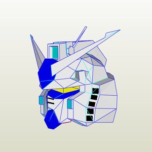 Puede incluir: Un modelo de papel de cabeza de robot blanco, azul y amarillo. El modelo est&aacute; hecho de papel doblado y tiene un dise&ntilde;o detallado.