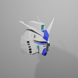 Puede incluir: Una cabeza de robot blanca, azul y turquesa con un dise&ntilde;o afilado y angular. La cabeza est&aacute; hecha en un estilo de bajo pol&iacute;gono, lo que le da un aspecto de bloque.