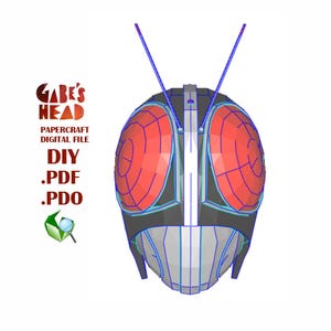 May include: A papercraft model of a black and red helmet with antennas. The helmet has a geometric design and is labelled "DIY .PDF .PDO".