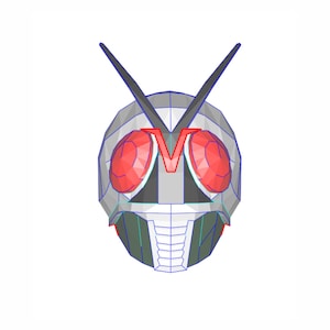 May include: A low-poly 3D model of a motorcycle helmet with a red V on the front and red eyes. The helmet is white, black, and blue.