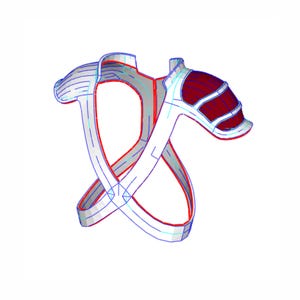 May include: A white and red 3D model of a shoulder armor piece. The armor is designed with a criss-cross pattern and has a red panel on the shoulder.