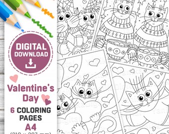 Valentine's Day Cats Coloring Pages: Set of 6 (Digital Download)