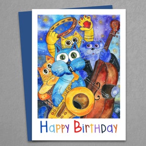 Cartão de felicitações de aquarela para impressão de feliz aniversário, download instantâneo, cartão de banda de música de gato, cartão digital de felicitações engraçado com gatos, músicos
