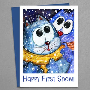 Feliz Primeira Neve - Cartão Digital de Felicitações de Gato Fofo, Arte de Inverno em Aquarela e Acrílico Pintada à Mão, Cartão para Imprimir Download Instantâneo
