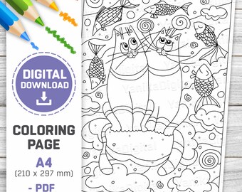 May include: Black and white coloring page featuring two cats sitting on a cloud with fish swimming around them. The cats have large eyes and are surrounded by swirls and other decorative elements.