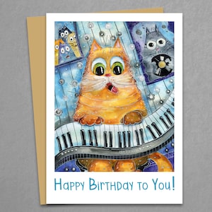Alles Gute zum Geburtstag Grußkarte, druckbare Aquarell Karte mit Klavier Katze, Instant Download, Katze singt und spielt Klavier, lustige Geburtstagskarte